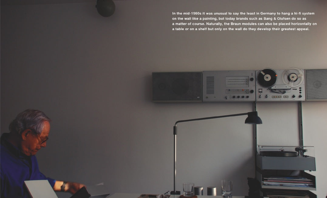 In the mid-1960s it was unusual to say the least in Germany to hang a hi-fi system on the wall like a painting, but today brands such as Bang & Olufsen do so as a matter of course. Naturally, the Braun modules can also placed horizontally on a table or on a shelf but only on the wall do they develop their greatest appeal. The Braun modules have been designed by Dieter Rams for Braun.