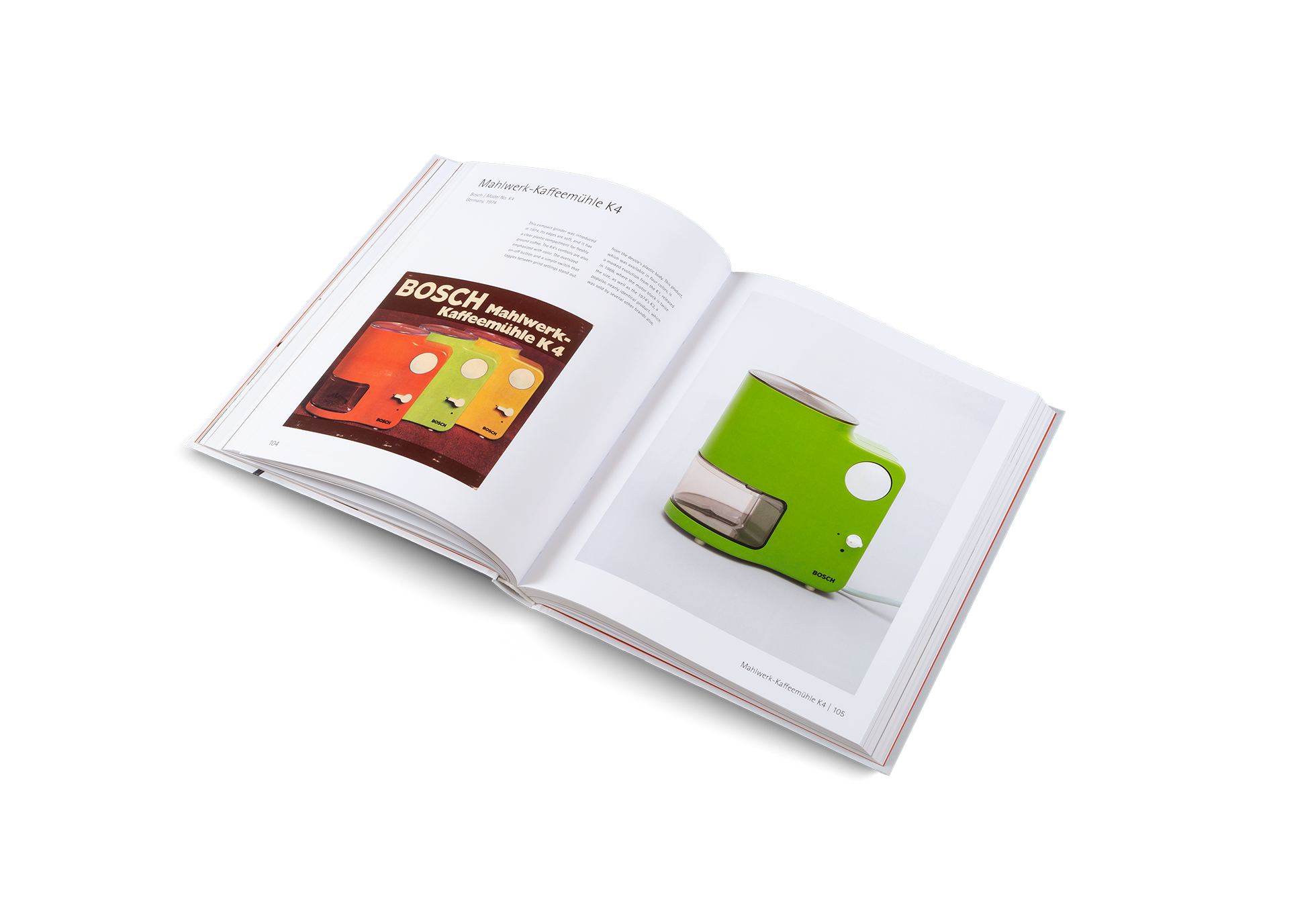 This compact grinder was introduced in 1974. Its edges are soft, and it has a clear plastic compartment for freshly ground co!ee. The K4’s controls are also emphasized with color. The oversized on-o! button and a simple switch that toggles between grind settings stand out from the device’s plastic body. Find out more about it in Soft Electronics by gestalten.