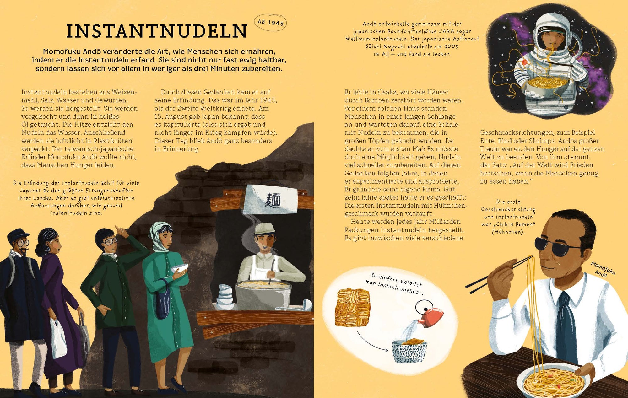 Momofuku Andō veränderte die Art, wie Menschen sich ernähren, indem er die Instantnudeln erfand. Wer hat es erfunden? von Kleine Gestalten erzählt seine Geschichte.