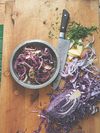 Red cabbage with apple, red onion, parsley, apple sauce, and vinaigrette
