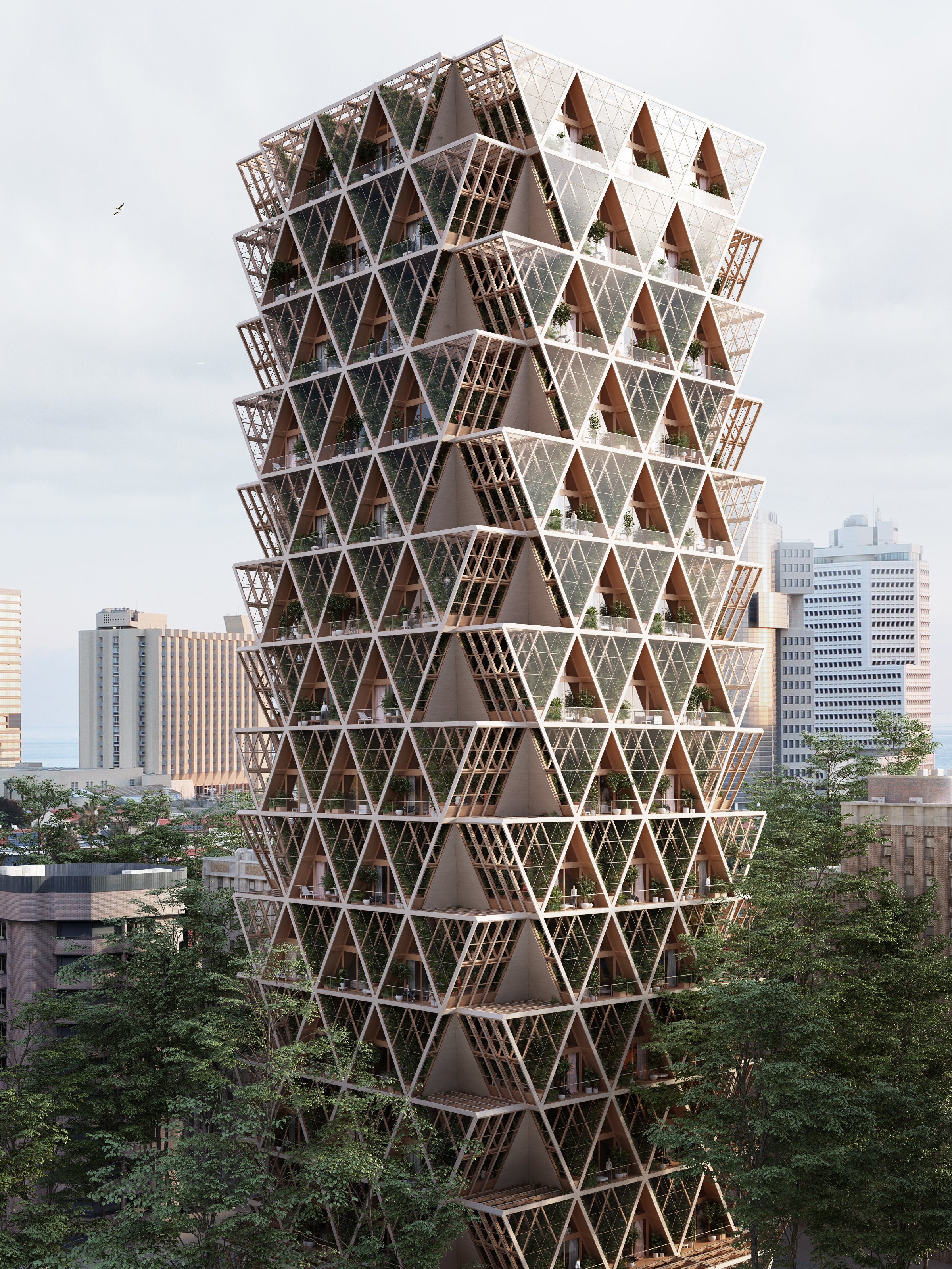 Fei and Chris Precht have envisioned the integration of nature, food production, and sustainable high-rise living. Their imaginative proposal combines an urban farm with a city block, using adaptable triangular modules made from cross-laminated timber (CLT)—a material with a lighter overall environmental footprint than steel, cement, or concrete. 