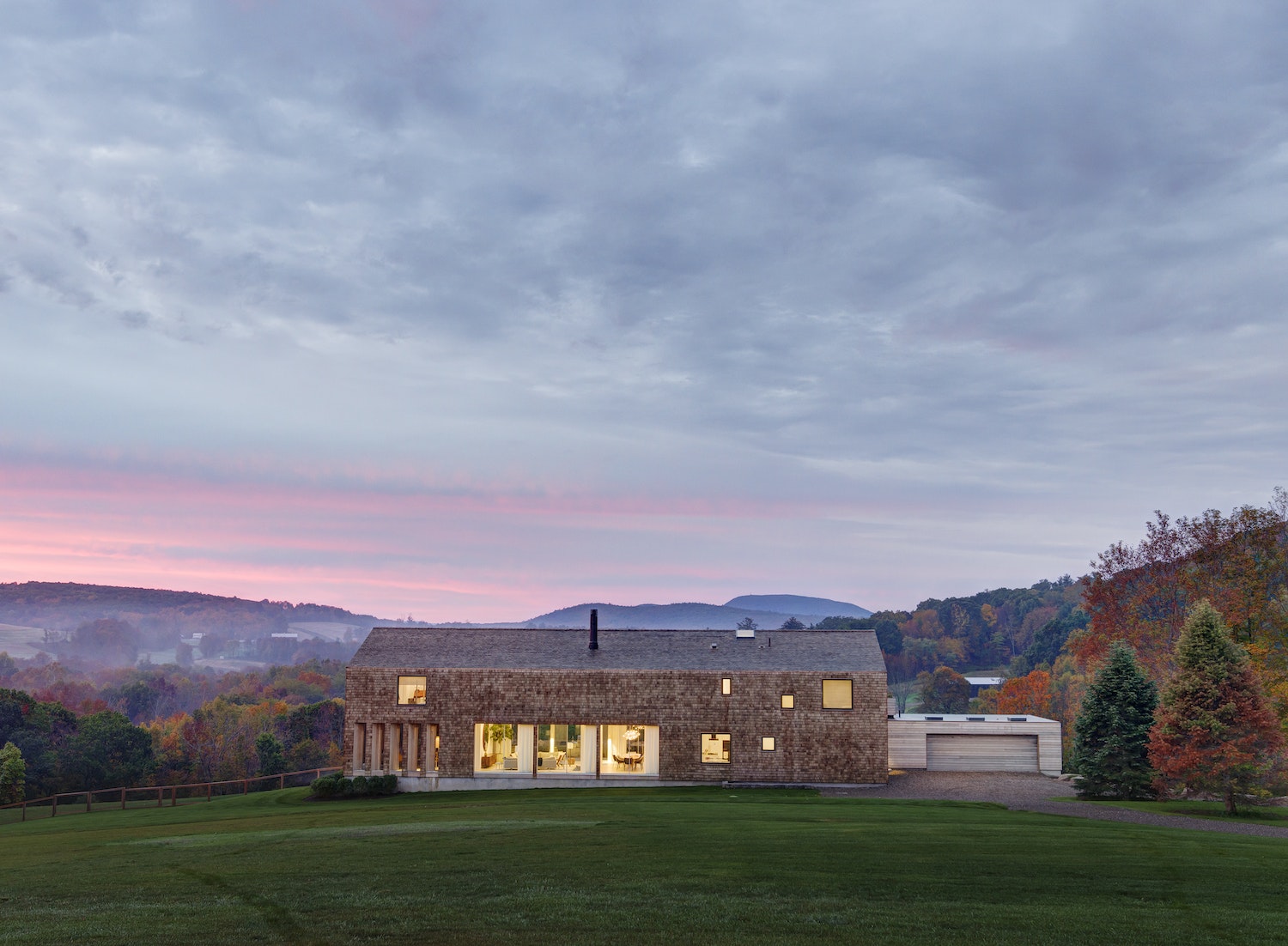 Taking cues not only from the hilly topography, the architectural structure of the Hudson Valley Compound—by Jasmit Singh Rangr’s Rangr Studio—was also inspired by the sun’s path through the landscape and the trajectory of the breeze, as well as the local architecture of Columbia County, New York.
