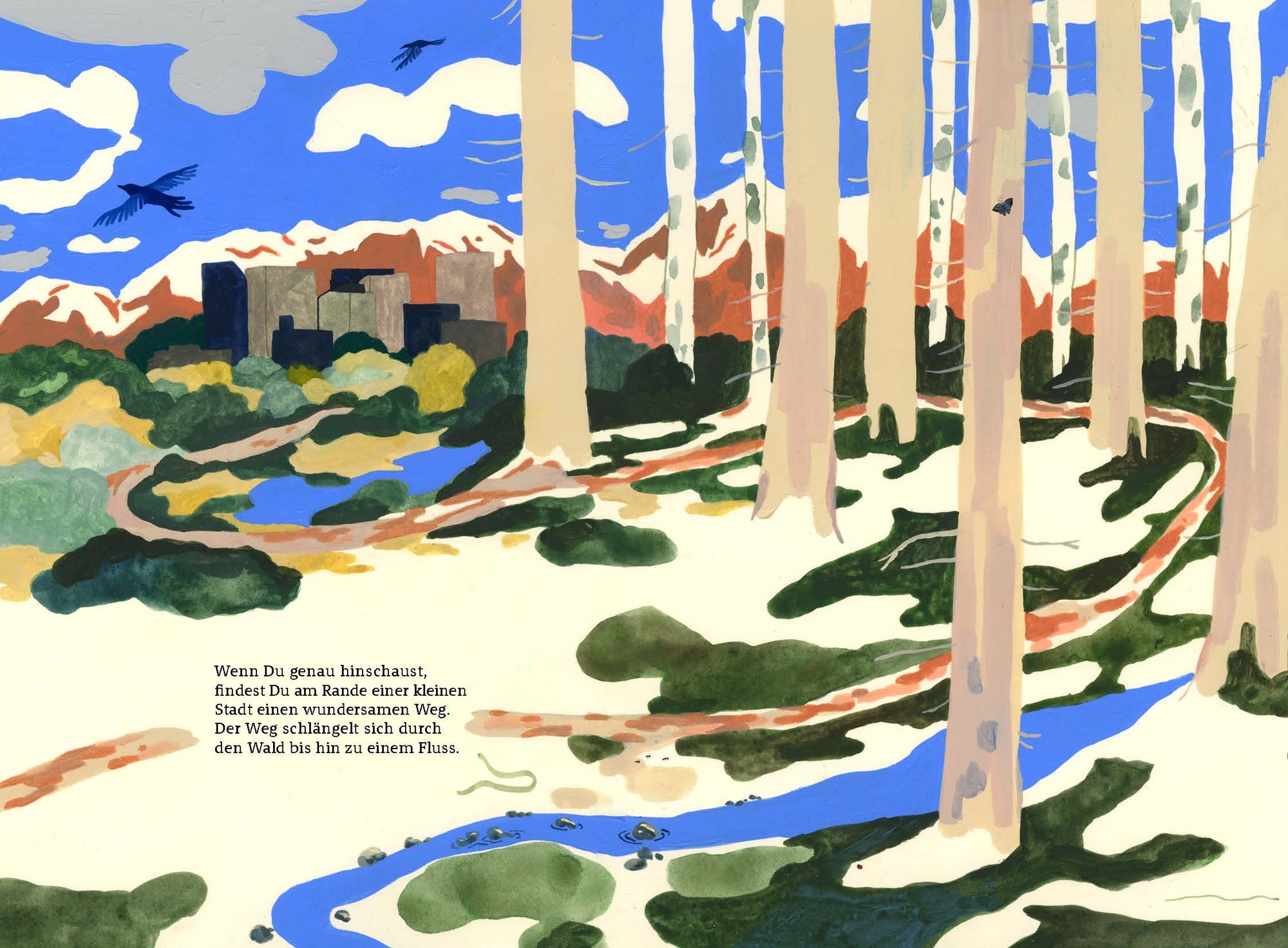 Wenn Du genau hinschaust, findest Du am Rande einer kleinen Stadt einen wundersamen Weg. Der Weg schlängelt sich durch den Wald bis hin zu einem Fluss.