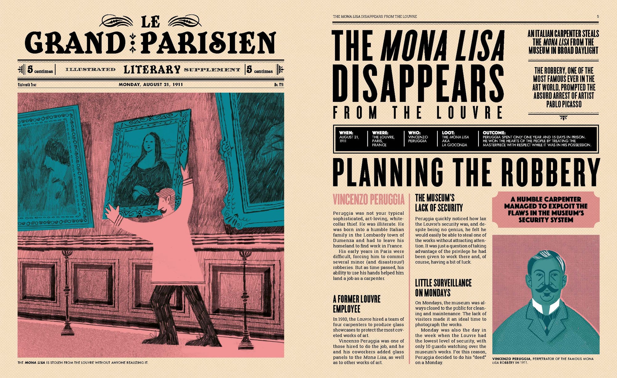 The Mona Lisa disappears from the Louvre is a story featured in Famous Robberies by Little Gestalten.