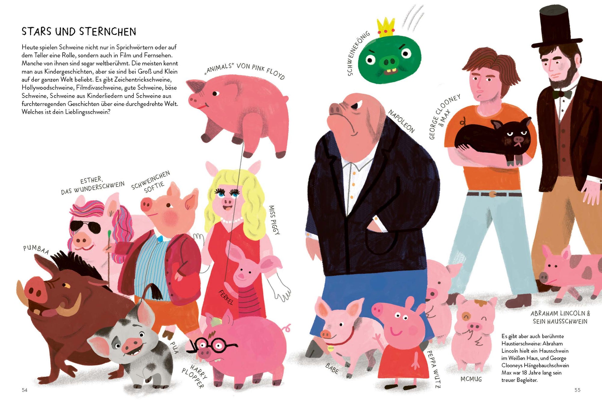 Heute spielen Schweine nicht nur in Sprichwörtern oder auf dem Teller eine Rolle, sondern auch in Film und Fernsehen. Manche von ihnen sind sogar weltberühmt. Die meisten kennt man aus Kindergeschichten, aber sie sind bei Groß und Klein auf der ganzen Welt beliebt. Es gibt Zeichentrickschweine, Hollywoodschweine, Filmdivaschweine, gute Schweine, böse Schweine, Schweine aus Kinderliedern und Schweine aus furchterregenden Geschichten über eine durchgedrehte Welt. Welches ist dein Lieblingsschwein?