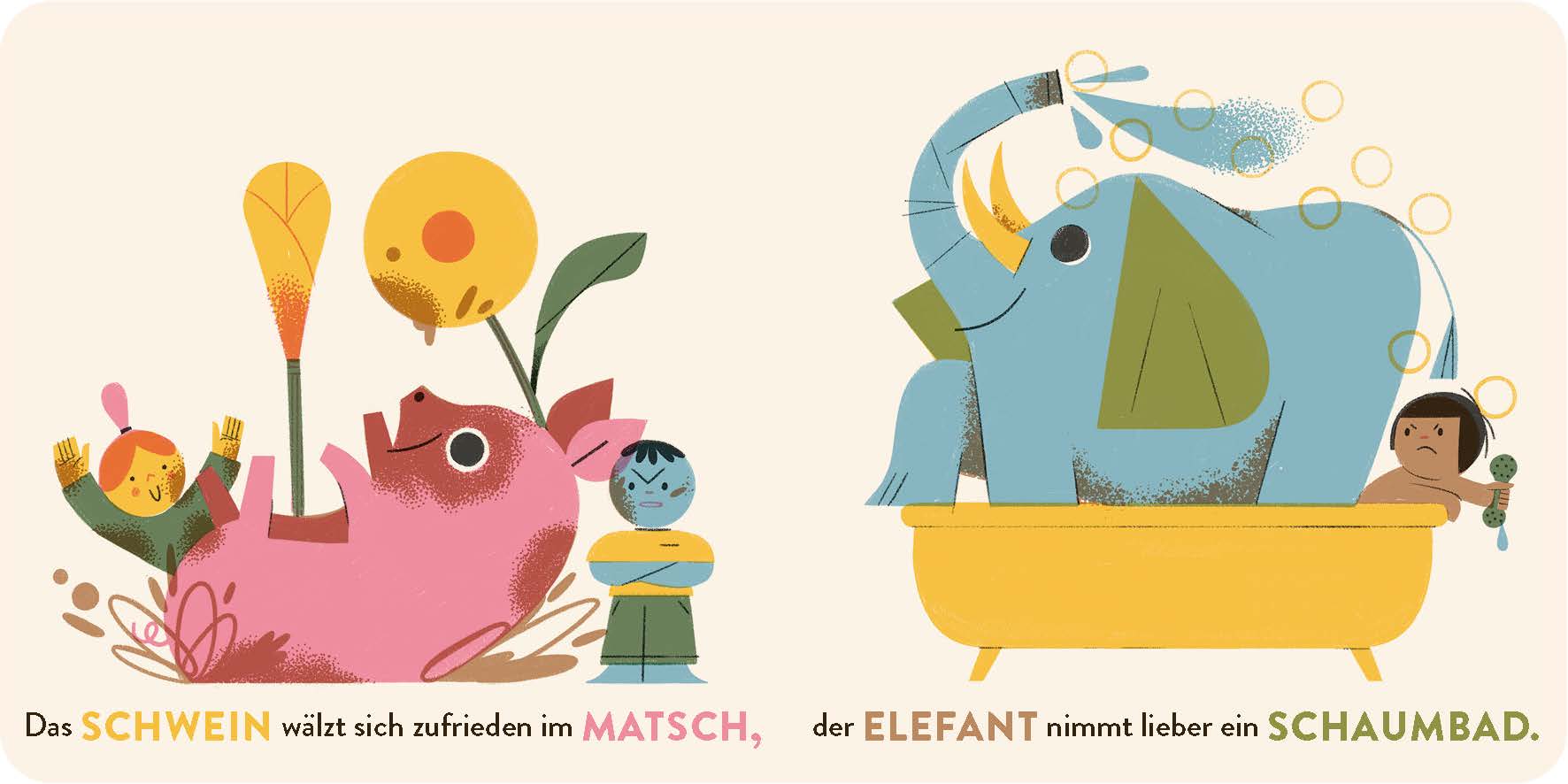 Das Schwein wälzt sich zufrieden im Matsch in Die tolle Tierschau von Kleine Gestalten